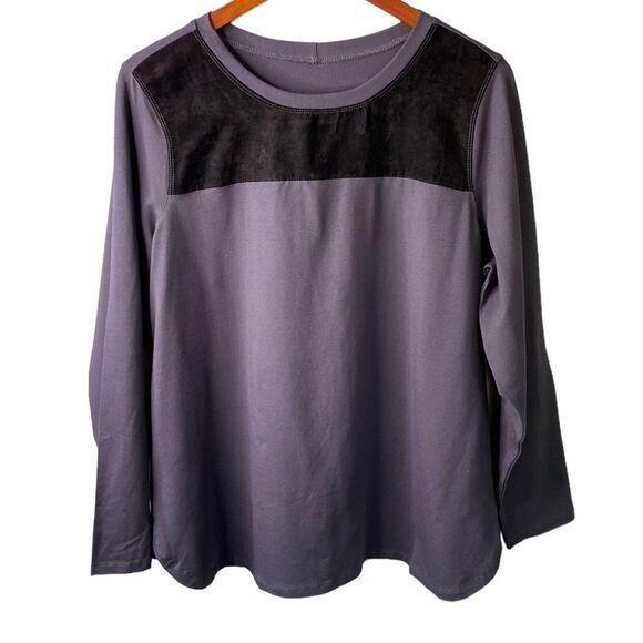 Denim&Co Active Long Sleeve Mixed Media Knit Tee Top Round Hem Color Block Comfy - Picture 1 of 14